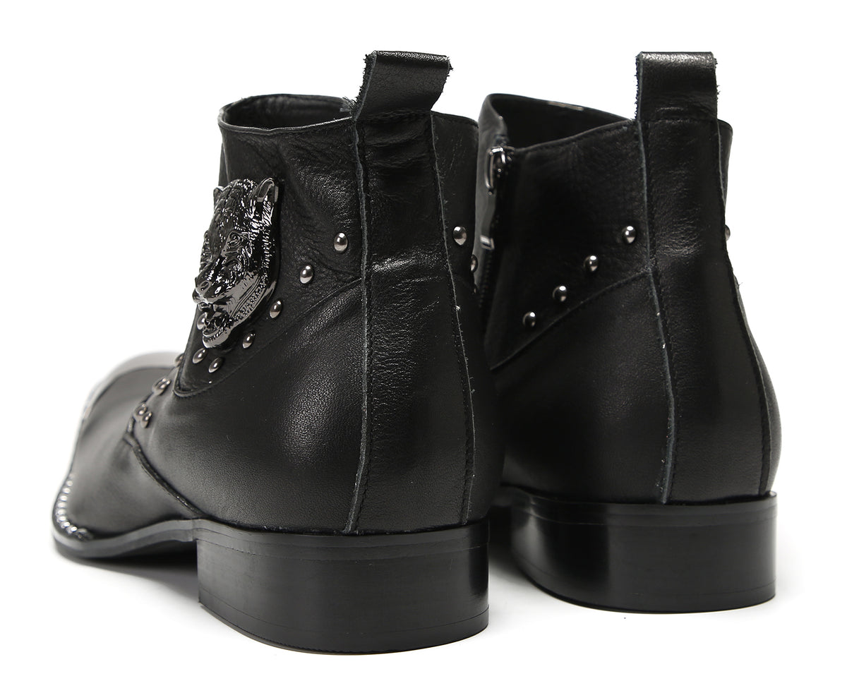 Mens Genuine Leather Matel Sqaure Toe Zipper Beads Ankle Western Boots