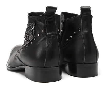 Mens Genuine Leather Matel Sqaure Toe Zipper Beads Ankle Western Boots