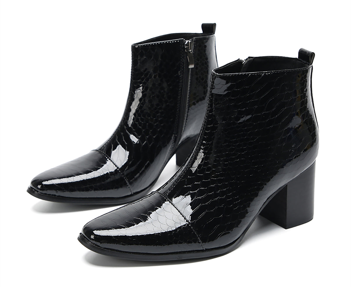 Mens Black Glossy Patent Leather Snake Print Block Heel Ankle Boots