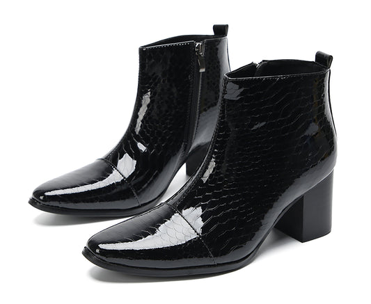 Mens Black Glossy Patent Leather Snake Print Block Heel Ankle Boots