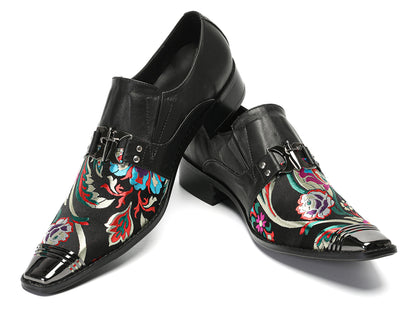 Mens Top-Grain Leather Floral Embroidery Casual Western Loafers