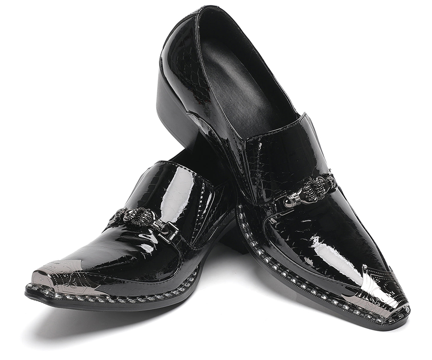 Mens Metal Pointed Toe Block Heel Party Western Loafers
