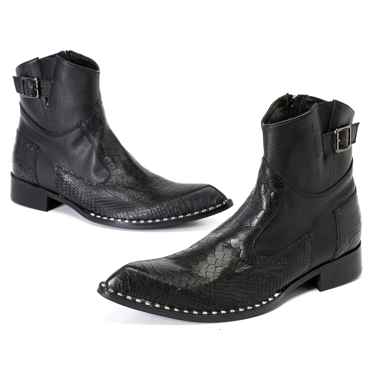 Mens Top-Grain Leather Snake-Embossed Western Ankle Boots