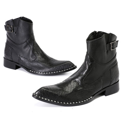 Mens Top-Grain Leather Snake-Embossed Western Ankle Boots