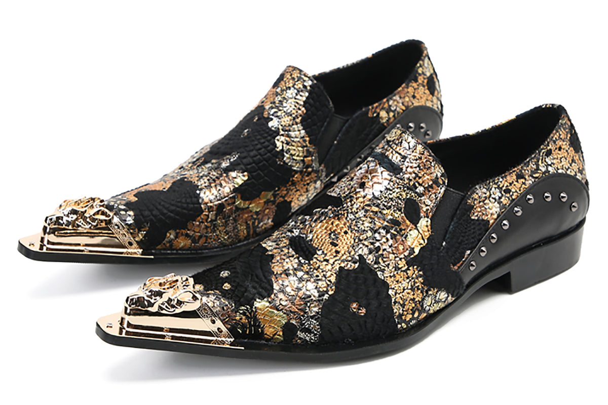 Mens Silp On Leather Metal Tip Toe Gold Glitter Western Loafers