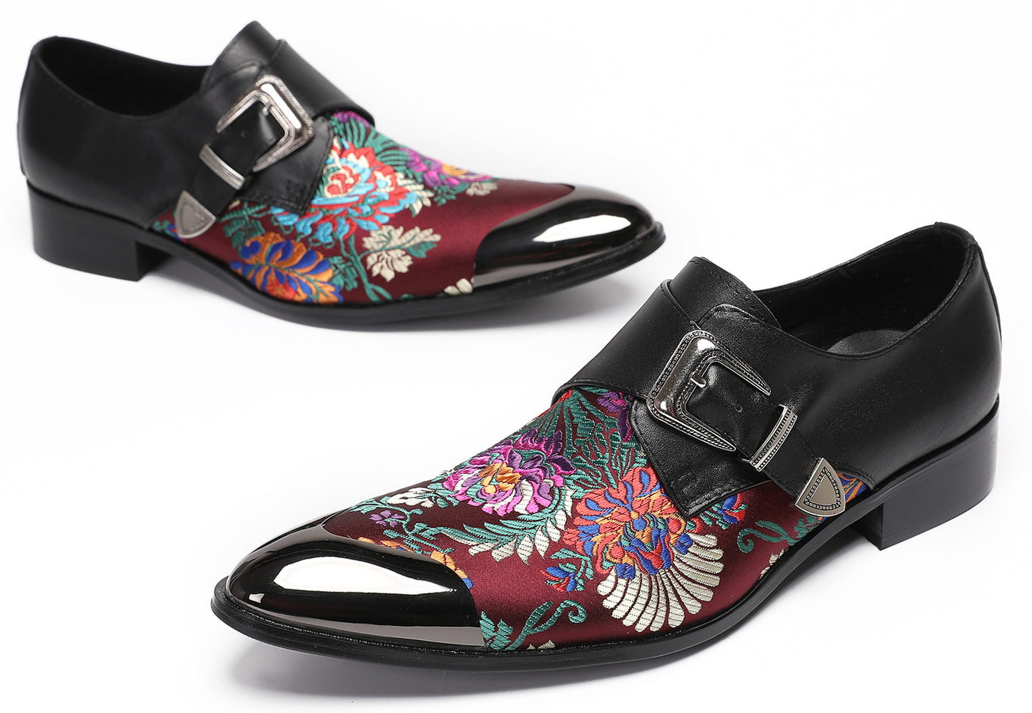 Mens Flower Embroidery Two-Tone Monk Strap Western Loafers