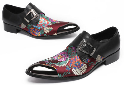 Mens Flower Embroidery Two-Tone Monk Strap Western Loafers