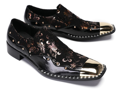 Mens Genuine Leather Gold Beads Metal Square Toe Western Loafers