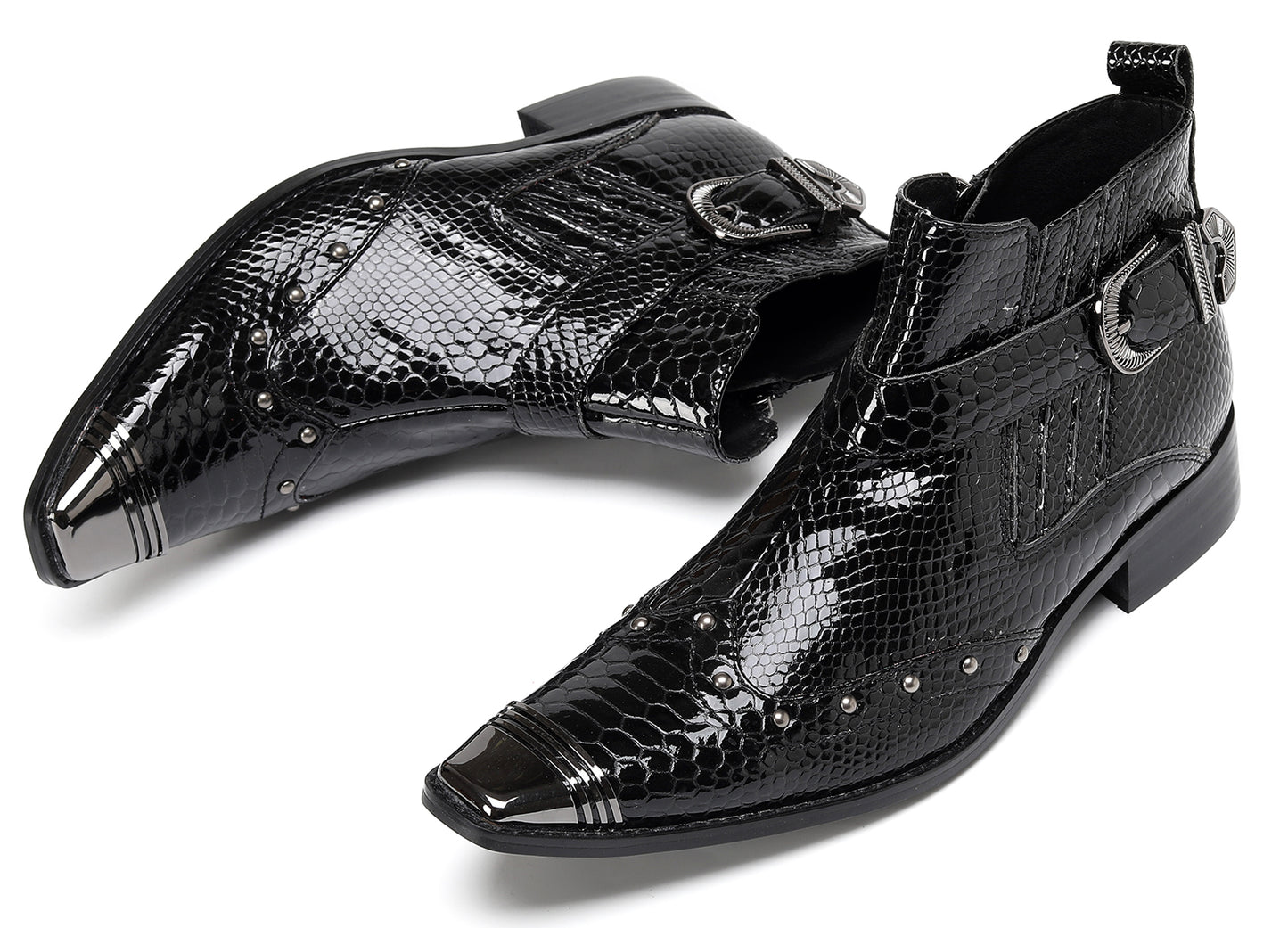 Mens Snakeskin Zipper Side Studded Buckle Western Boots