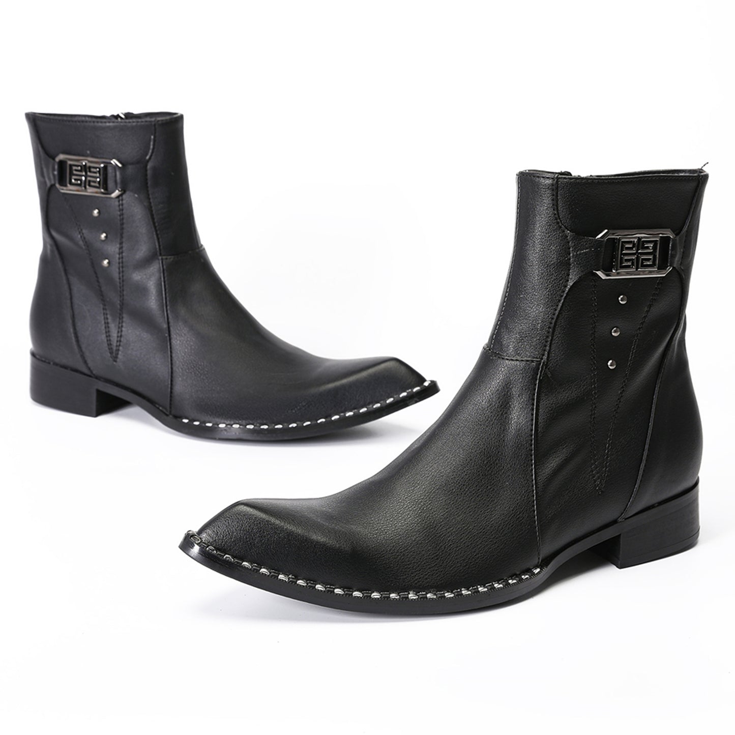 Mens Top-Grain Leather Side Zip Western Cowboy Ankle  Boots