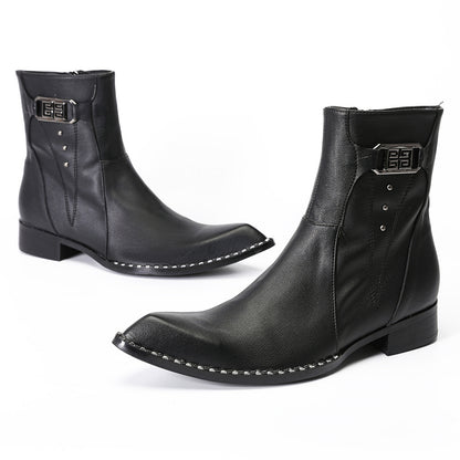 Mens Top-Grain Leather Side Zip Western Cowboy Ankle  Boots