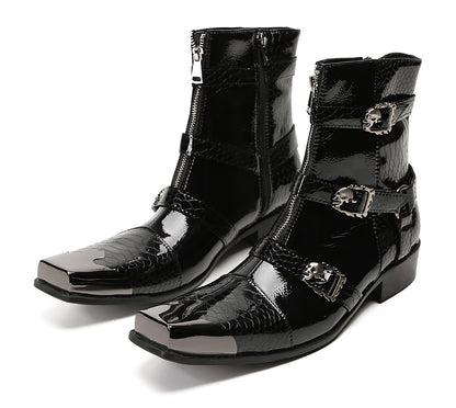 Mens Genuine Leather Dress Casual Metal Square Toe Buckles Cowboy Western Boots