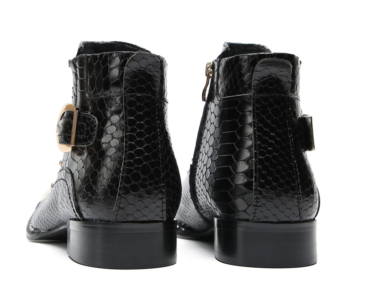 Mens Genuine Leather Metal-Square Toe Snakeskin Texture Ankle Western Boots