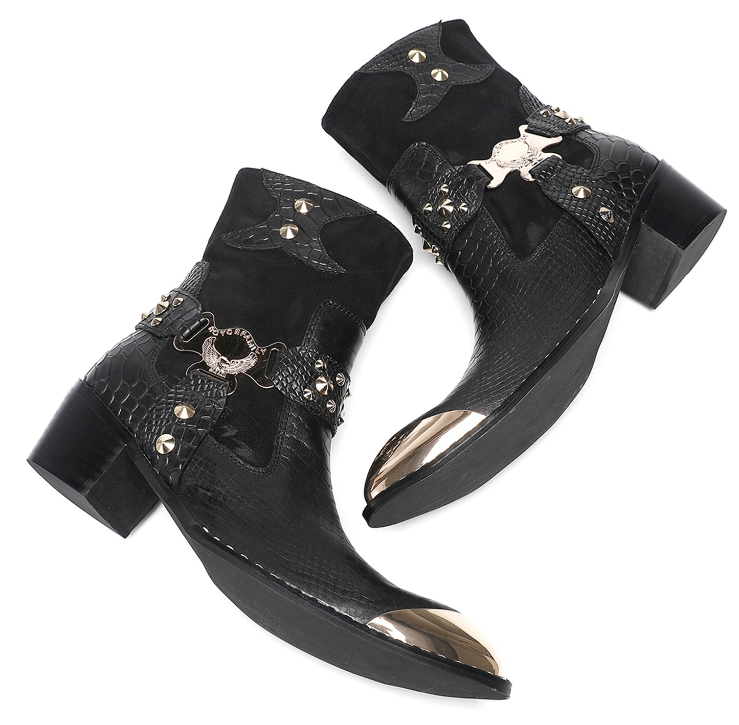 Mens Top-Grain Leather Studded Skull Buckle Punk Cowboy Western Boots