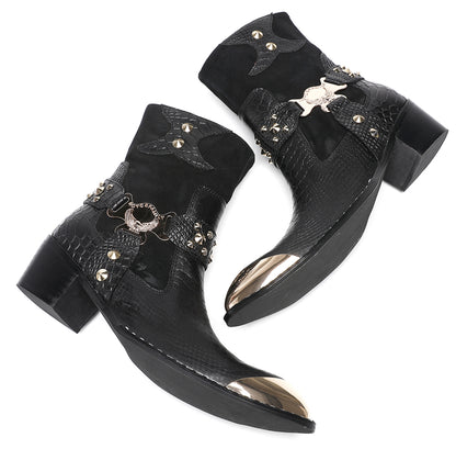 Mens Top-Grain Leather Studded Skull Buckle Punk Cowboy Western Boots