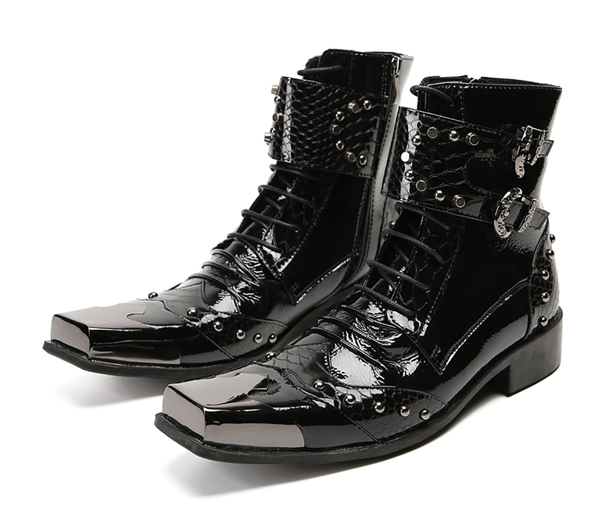 Mens Metal Square Toe Zipper Buckles Cowboy Western Boots
