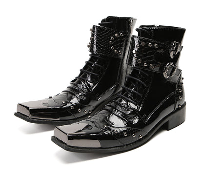 Mens Metal Square Toe Zipper Buckles Cowboy Western Boots