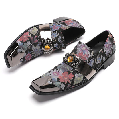 Men¡¯s Handmade Floral Top-Grain Leather Metal Square Toe Loafers