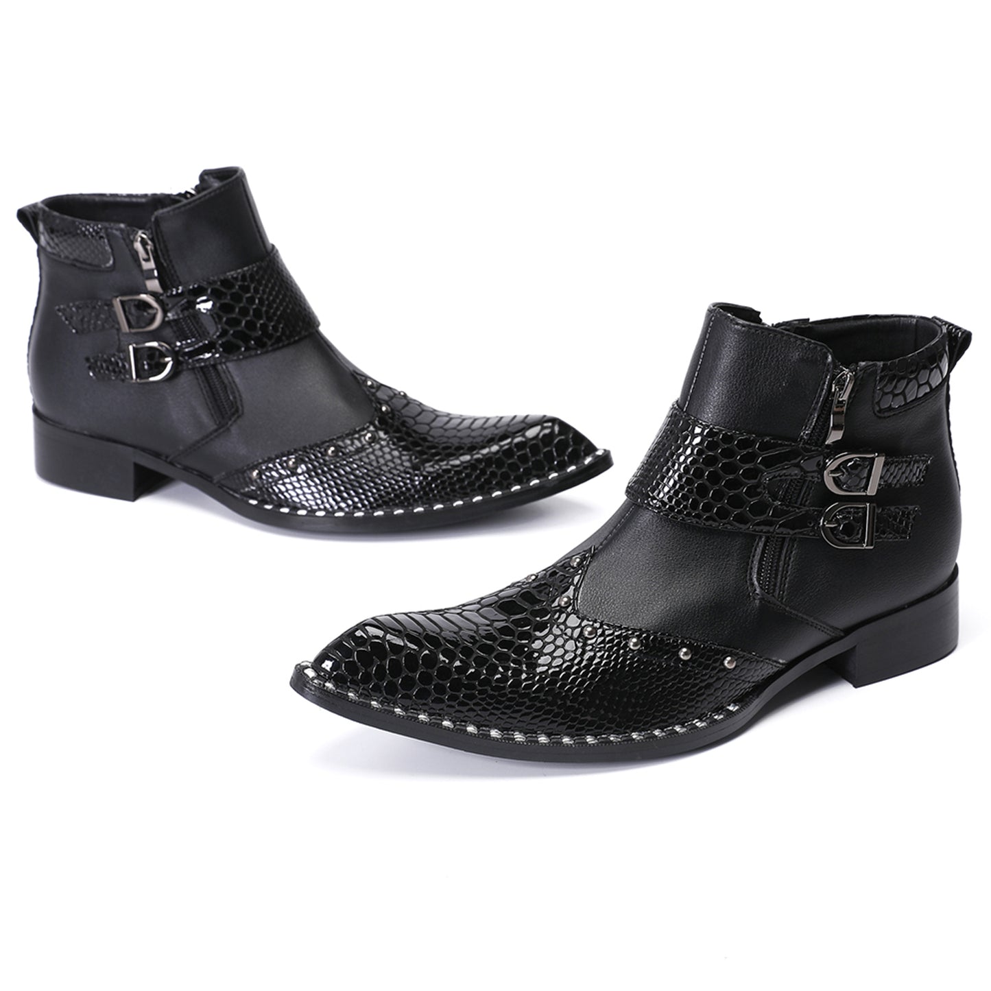 Mens Top-Grain Leather Pointed Toe Buckle Western Cowboy Ankle Boots