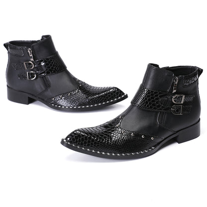 Mens Top-Grain Leather Pointed Toe Buckle Western Cowboy Ankle Boots