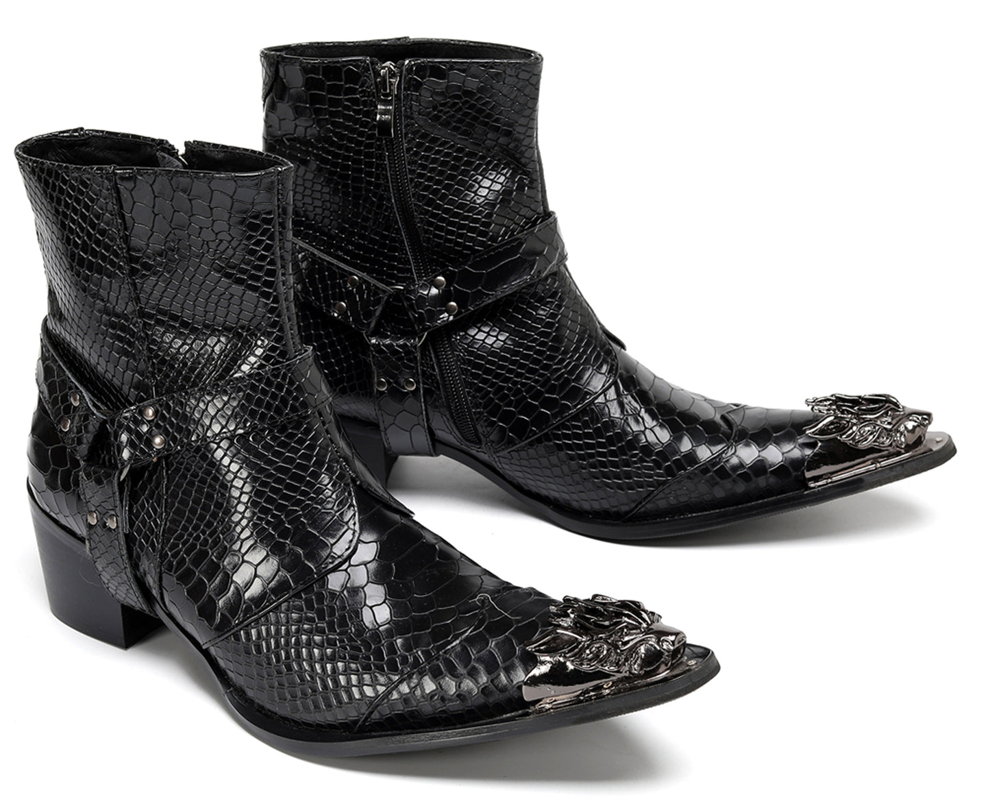 Mens Black Crocodile Print Metal Lion Head Cowboy Western Boots