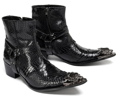 Mens Black Crocodile Print Metal Lion Head Cowboy Western Boots