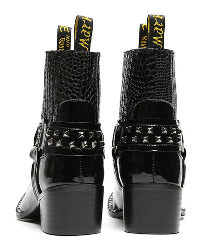 Mens Studded Snake Pattern Leather Cowboy Western Chelsea Boots