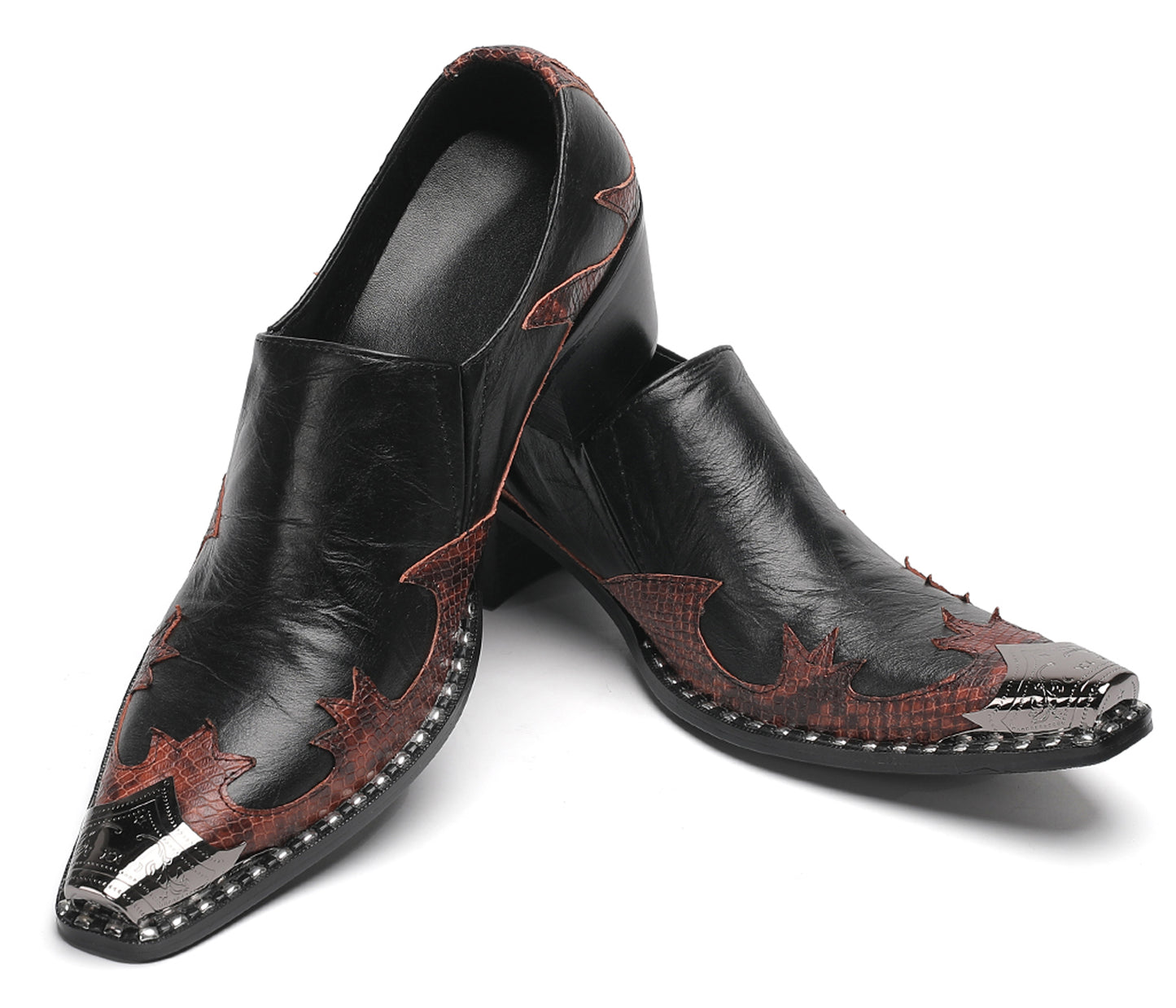 Mens Genuine Leather Metal Pointed Toe Two Tone Western Loafers