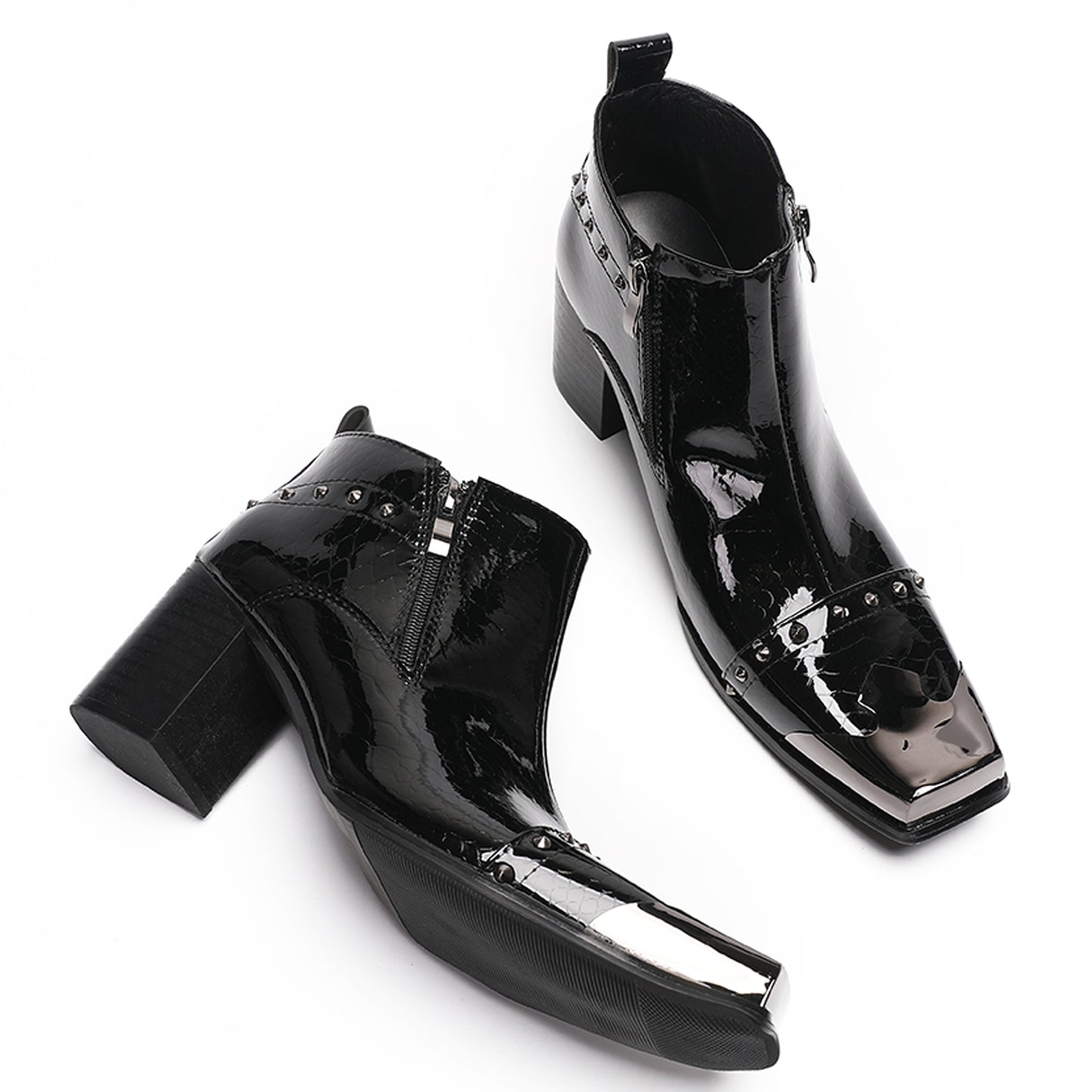 Mens Patent Leather Metal Square Toe Studded Ankle Western Boots