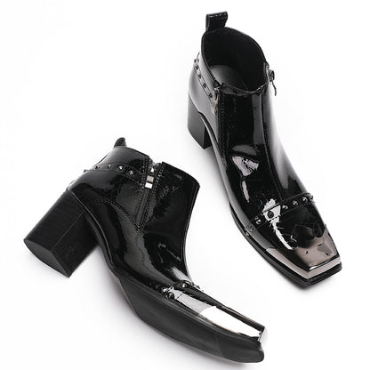 Mens Patent Leather Metal Square Toe Studded Ankle Western Boots