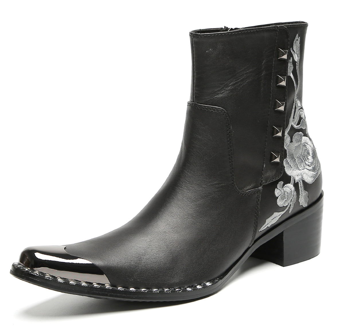 Mens Embroidered Rose Side Zip Metal Toe Cowboy Western Boots