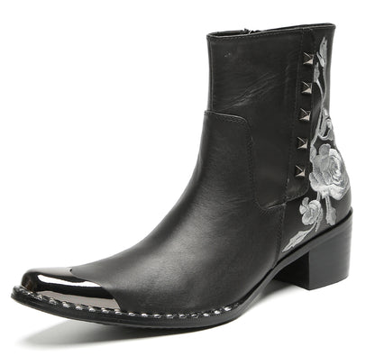 Mens Embroidered Rose Side Zip Metal Toe Cowboy Western Boots