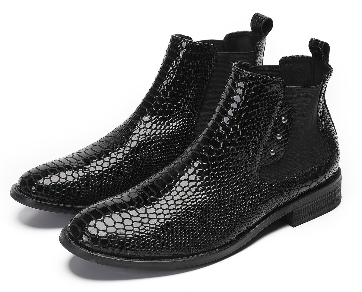 Mens Snakeskin Pattern Genuine Leather Zipper Beads Ankles Boots