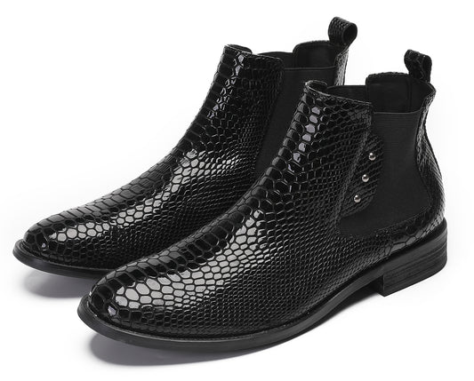 Mens Snakeskin Pattern Genuine Leather Zipper Beads Ankles Boots