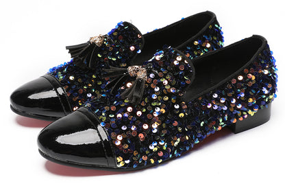 Mens Glitter Sequins Tassels Prom Party Western Loafers