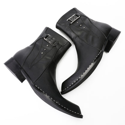 Mens Top-Grain Leather Side Zip Western Cowboy Ankle  Boots