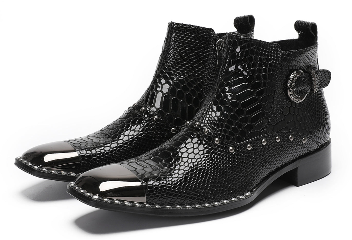 Mens Genuine Leather Snakeskin Texture Metal Square Toe Beads Western Boots
