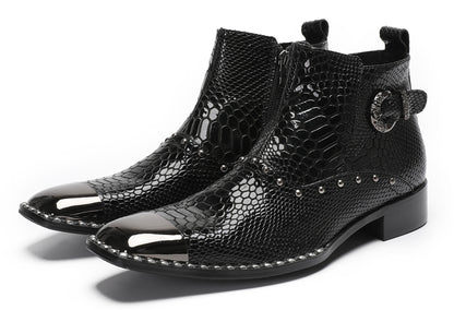 Mens Genuine Leather Snakeskin Texture Metal Square Toe Beads Western Boots