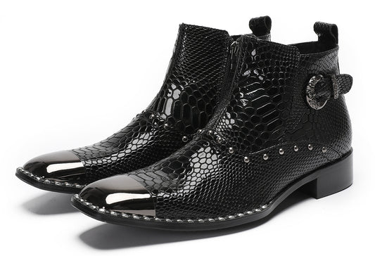 Mens Genuine Leather Snakeskin Texture Metal Square Toe Beads Western Boots