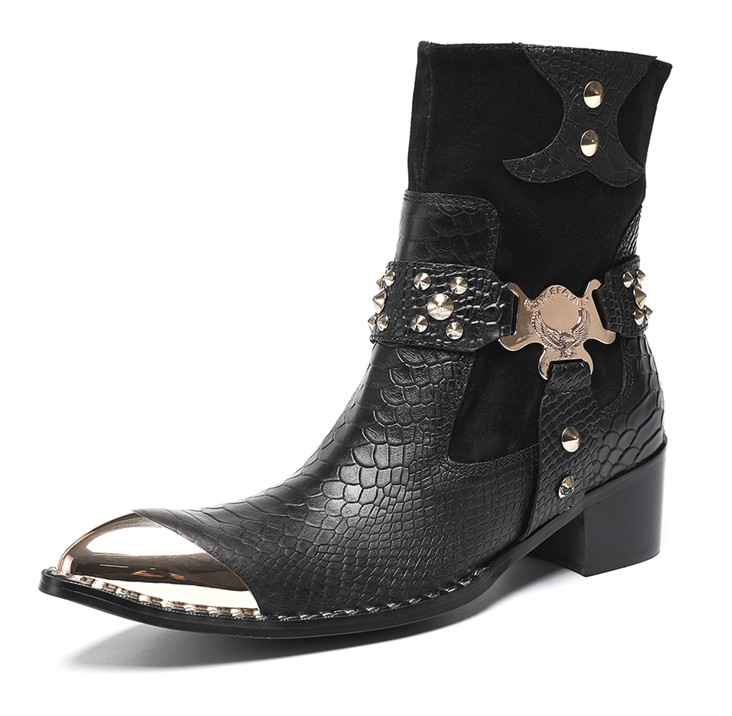 Mens Top-Grain Leather Studded Skull Buckle Punk Cowboy Western Boots