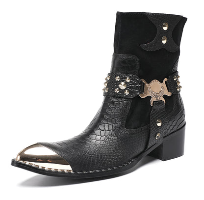 Mens Top-Grain Leather Studded Skull Buckle Punk Cowboy Western Boots