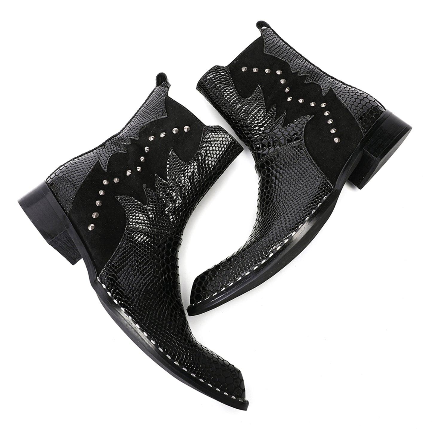 Mens Top-Grain Leather Snake-Embossed Studded Western Cowboy Ankle Boots