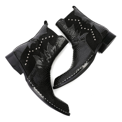 Mens Top-Grain Leather Snake-Embossed Studded Western Cowboy Ankle Boots
