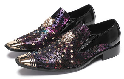 Mens Genuine Leather Slip On Glitter Sequins Western Loafers