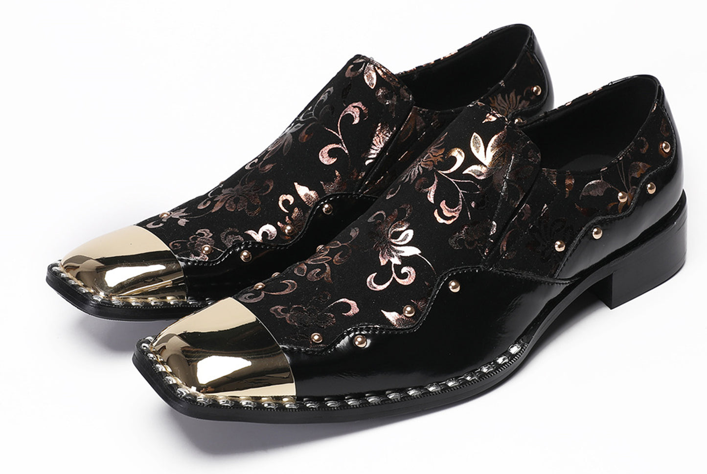 Mens Genuine Leather Gold Beads Metal Square Toe Western Loafers