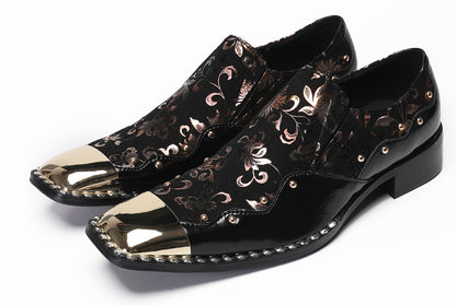 Mens Genuine Leather Gold Beads Metal Square Toe Western Loafers