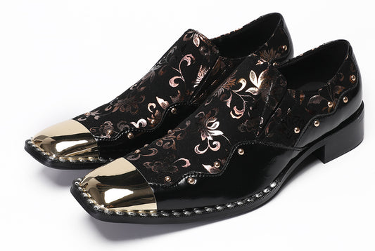 Mens Genuine Leather Gold Beads Metal Square Toe Western Loafers