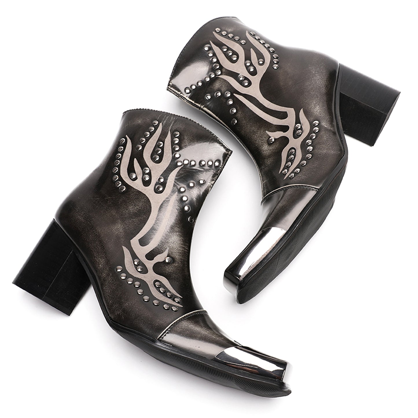 Mens Leather Metal Square Toe Flame Studded Dress Ankle Western Boots