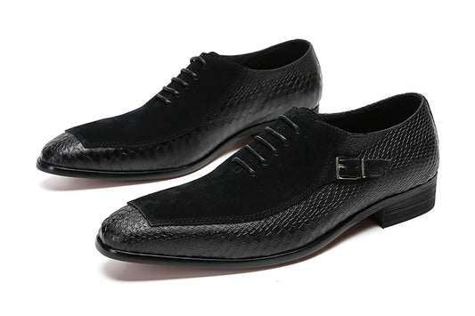 Mens Genuine Leather Formal Dress Crocodile Texture Wingtip Oxfords