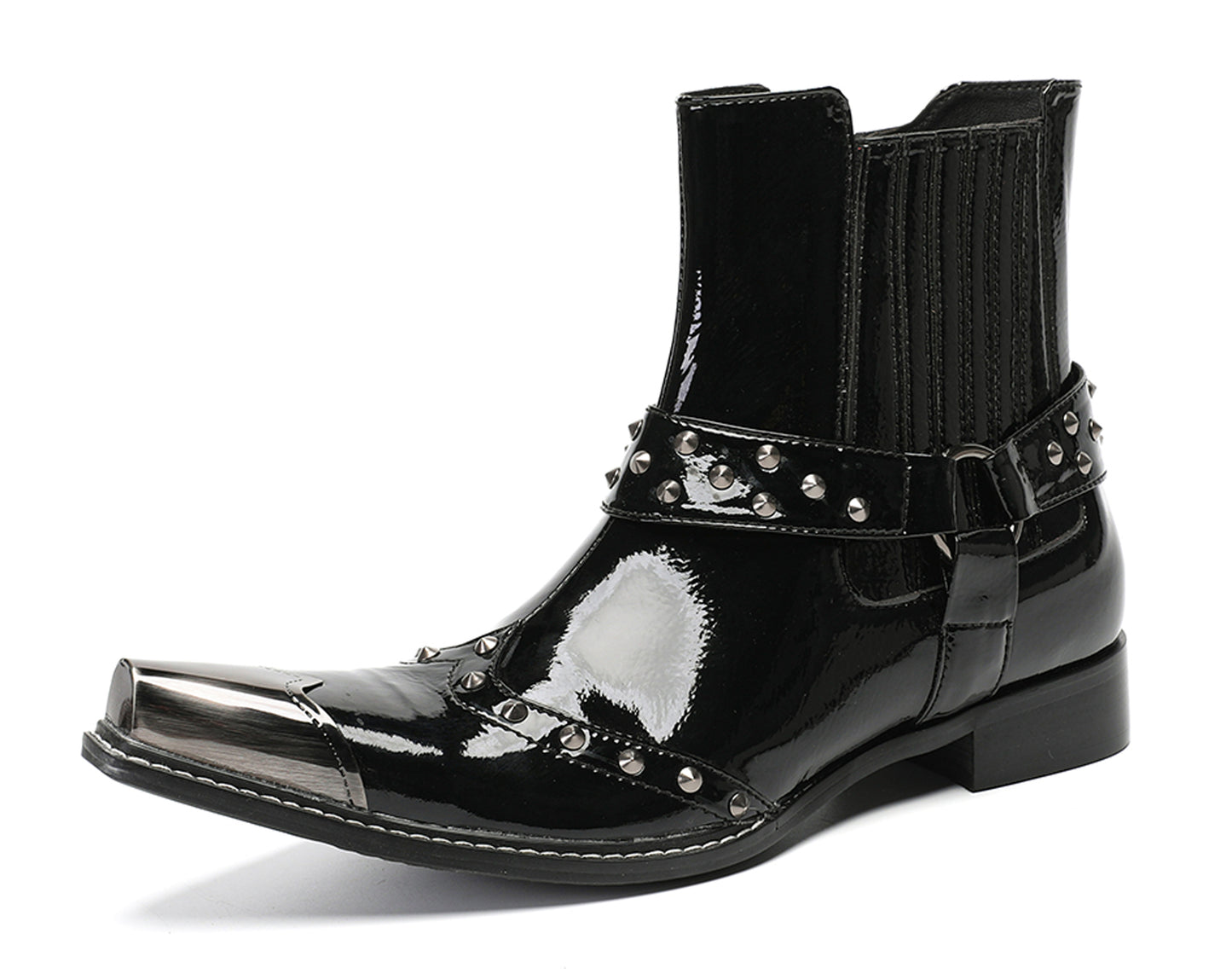 Mens Top-Grain Leather Studded Strap & Side Zipper Cowboy Western Boots